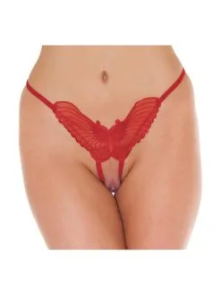 Amorable By Rimba - Erotische String - Luxe Kanten Vlinder Slip Met Open Kruis - Rood - One Size