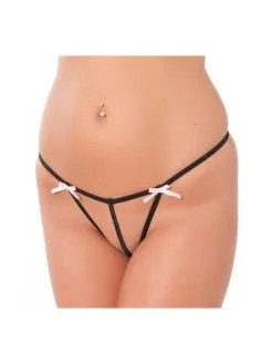 Amorable By Rimba - String - Open Slip Met Kleine Strikjes - Zwart/Wit - One Size