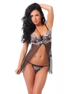 Amorable By Rimba - Zwarte Transparante Babydoll Met Witkant