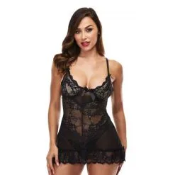 Baci Lingerie Baci - Erotisch Kanten Jurkje Met String - Zwart