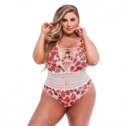 Baci Lingerie Baci - Kanten Gebloemde Body Met Rijgveter - Wit/Rood - Plus Size/Grote Maten