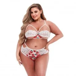 Baci Lingerie Baci - Kanten Gebloemde Lingerieset Met Hoog Opgesneden Slip - Wit/Rood - Plus Size/Grote Maten