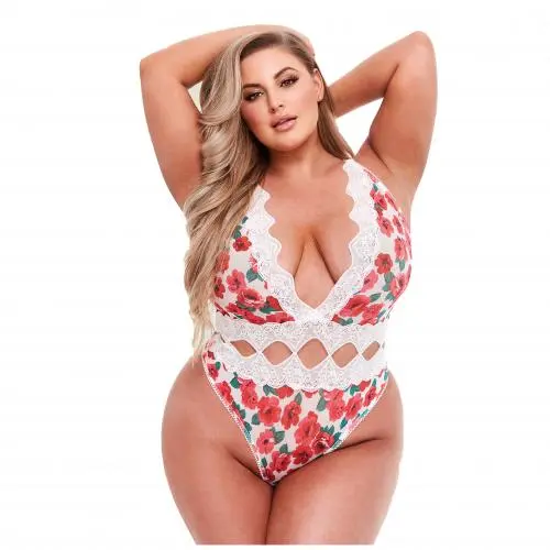 Baci Lingerie Baci - Kanten Gebloemde Stringbody - Wit/Rood - Plus Size/Grote Maten 1 Baci Lingerie Baci - Kanten Gebloemde Stringbody - Wit/Rood - Plus Size/Grote Maten