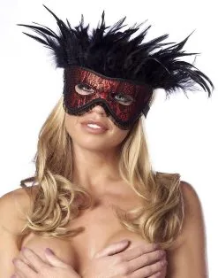 Rimba Bondage Play Burlesque Masker Met Veren - Zwart/Rood