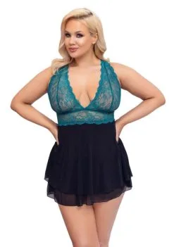 Cottelli Collection - Babydoll Petrol - Zwart/Petrol