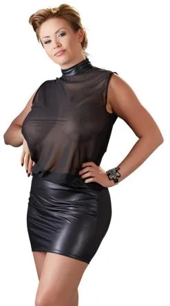 Cottelli Collection - Plus Size Netstof Mini Jurkje Met Wetlook Rok