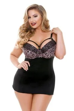 Curve - Josephine Plus Size Sexy Jurkje - Zwart/Roze Panterprint