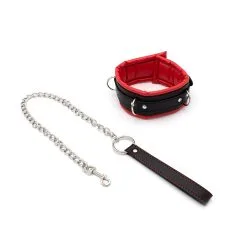Kiotos Leather - Zwarte Leren Collar Met Rode Voering En Leash -Sex Toys winkel Kiotos Leather Zwarte leren collar met rode voering en leash 3
