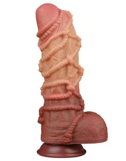 LoveToy - XXL Extreme Dildo Met Touw Motief - Lengte 26.5 Cm - Bruin/Lichte Huidskleur
