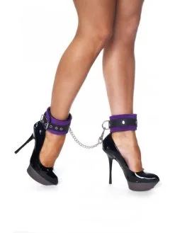 Rimba Bondage Play Luxe Leren Enkelboeien Met Karabijnhaken En Ketting - Paars Suede/Zwart Leer