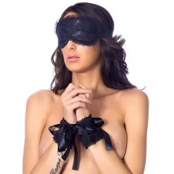 Rimba Bondage Play - Burlesque Handboeien En Masker Van Satijn En Kant - Zwart