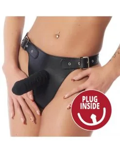 Rimba Bondage Play - Leren Voorbind Slip Met Dildo's Aan Binnen En Buitenkant - 4 X 17 Cm En 3,5 X 13 Cm