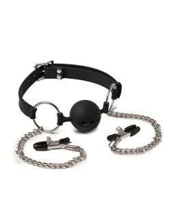 Rimba Latex Play - Ball Gag/Mondknevel Met Tepelklemmen