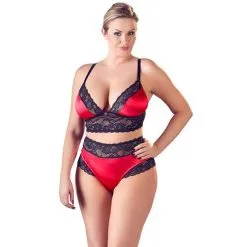 Cottelli Collection Satijnen Lingerie Set Met Kant Plussize - Zwart/Rood