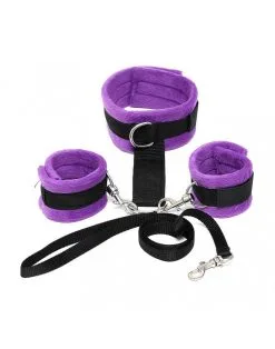 Rimba Bondage Play Soft Bondage Collar Met Handboeien En Leiband - Zwart/Paars -Sex Toys winkel Soft Bondage Collar met handboeien en leiband zwartpaars 3