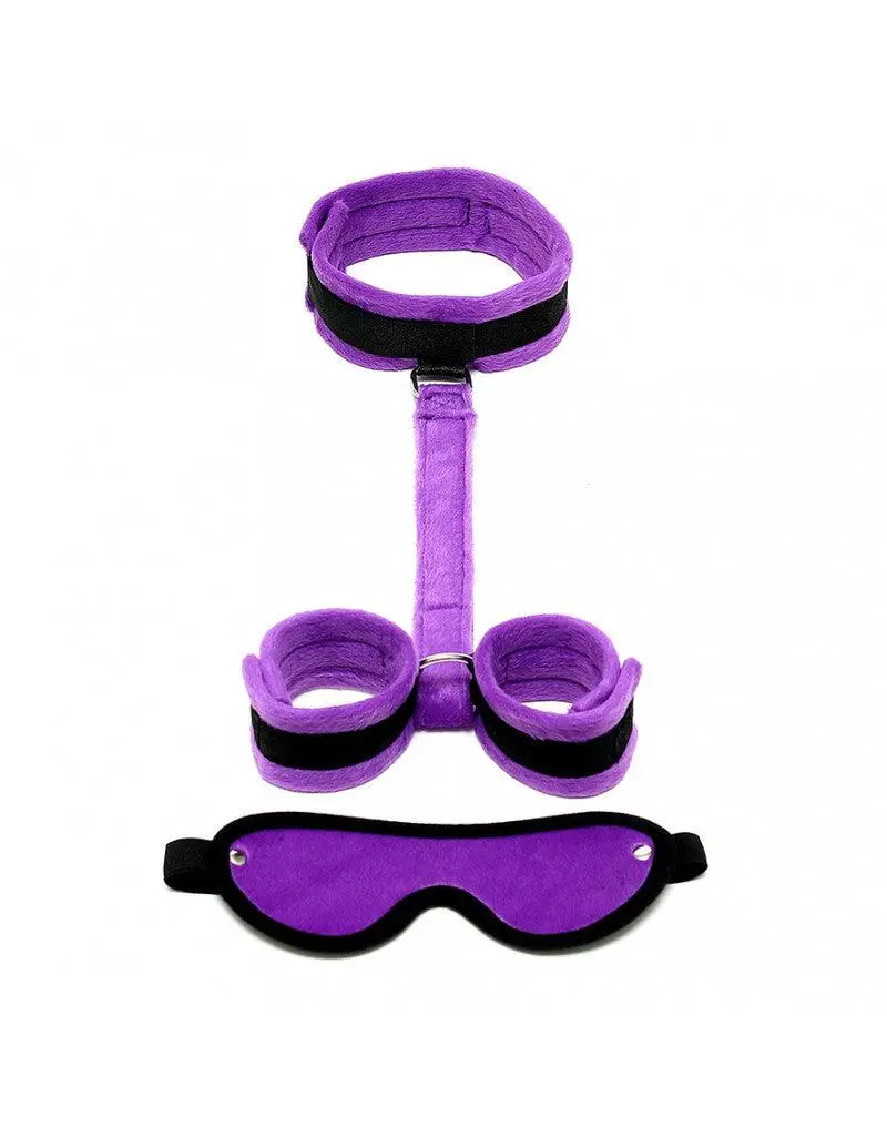 Rimba Bondage Play Soft Bondage Set Met Klittenband Boeien/collar/blinddoek - Zwart/Paars 2 Rimba Bondage Play Soft Bondage Set Met Klittenband Boeien/collar/blinddoek - Zwart/Paars - Afbeelding 2
