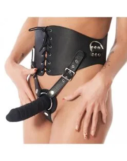 Rimba Bondage Play Taillecorset Van Tuigleer Compleet Met Riemen, Ring En Latex Dildo Voorbinddildo