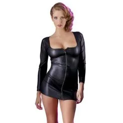 Cottelli Collection Wetlook Mini Jurkje Met Lange Rits - Zwart